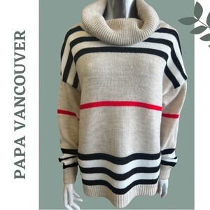 Papa Vancouver Cowl Neck Stripe Multi Color Sweater Tan Black Red White Large